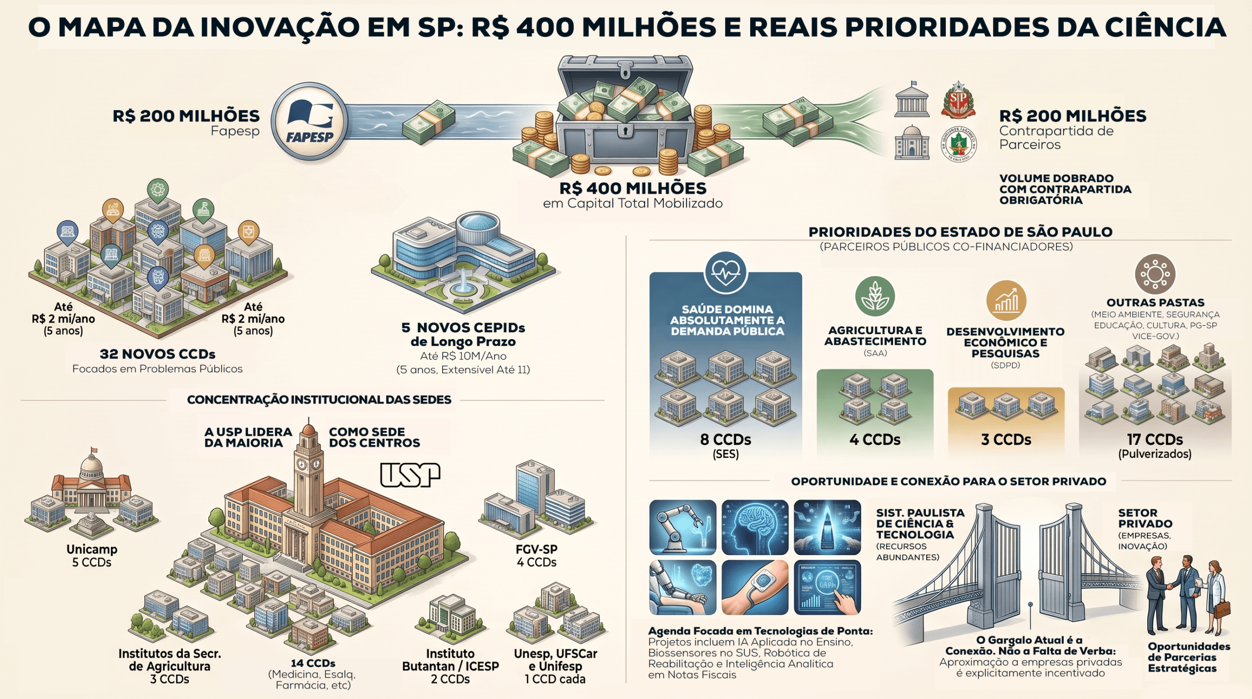 Infográfico do mapa da inovação em São Paulo: R$ 400 milhões mobilizados, 32 CCDs, 5 CEPIDs, concentração institucional e prioridades por secretaria