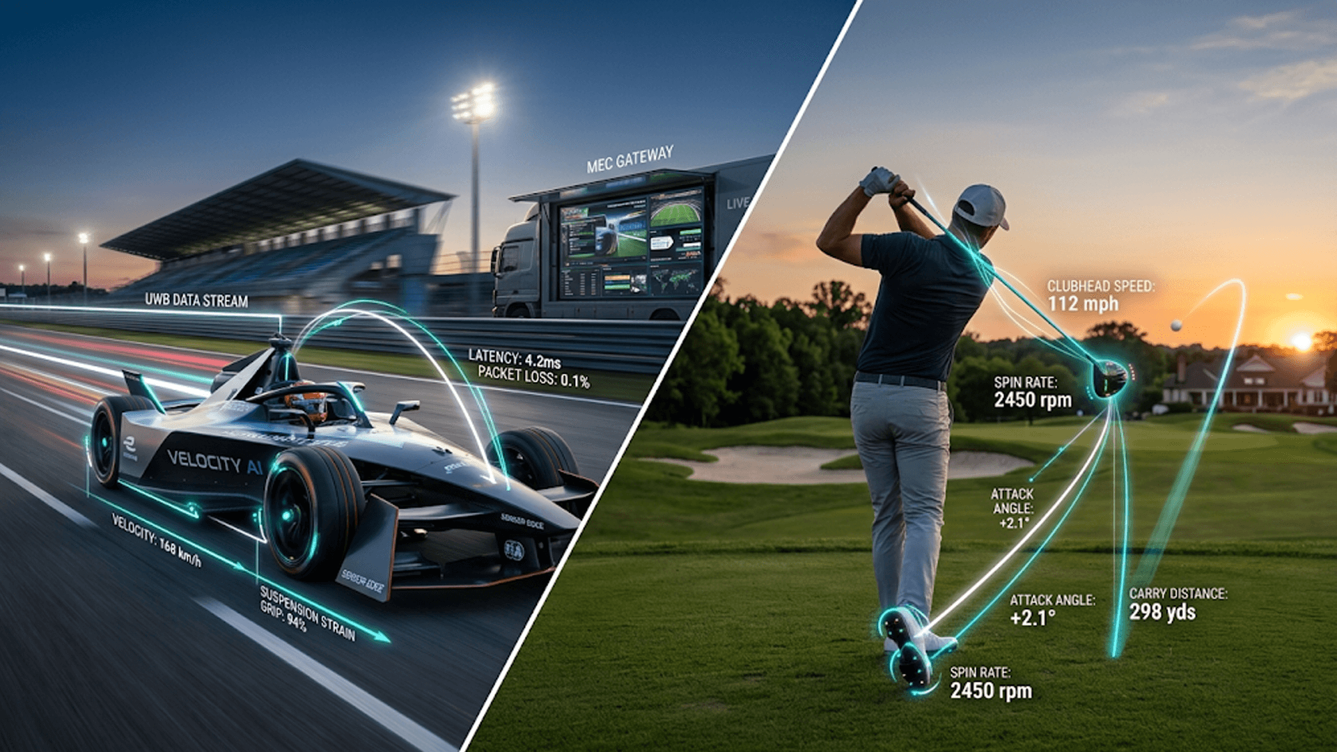 Microtelemetría deportiva en acción: auto de carrera con flujo de datos UWB hacia un gateway de borde con latencia de 4,2 ms, y golfista con velocidad del palo, spin y ángulo de ataque superpuestos en tiempo real