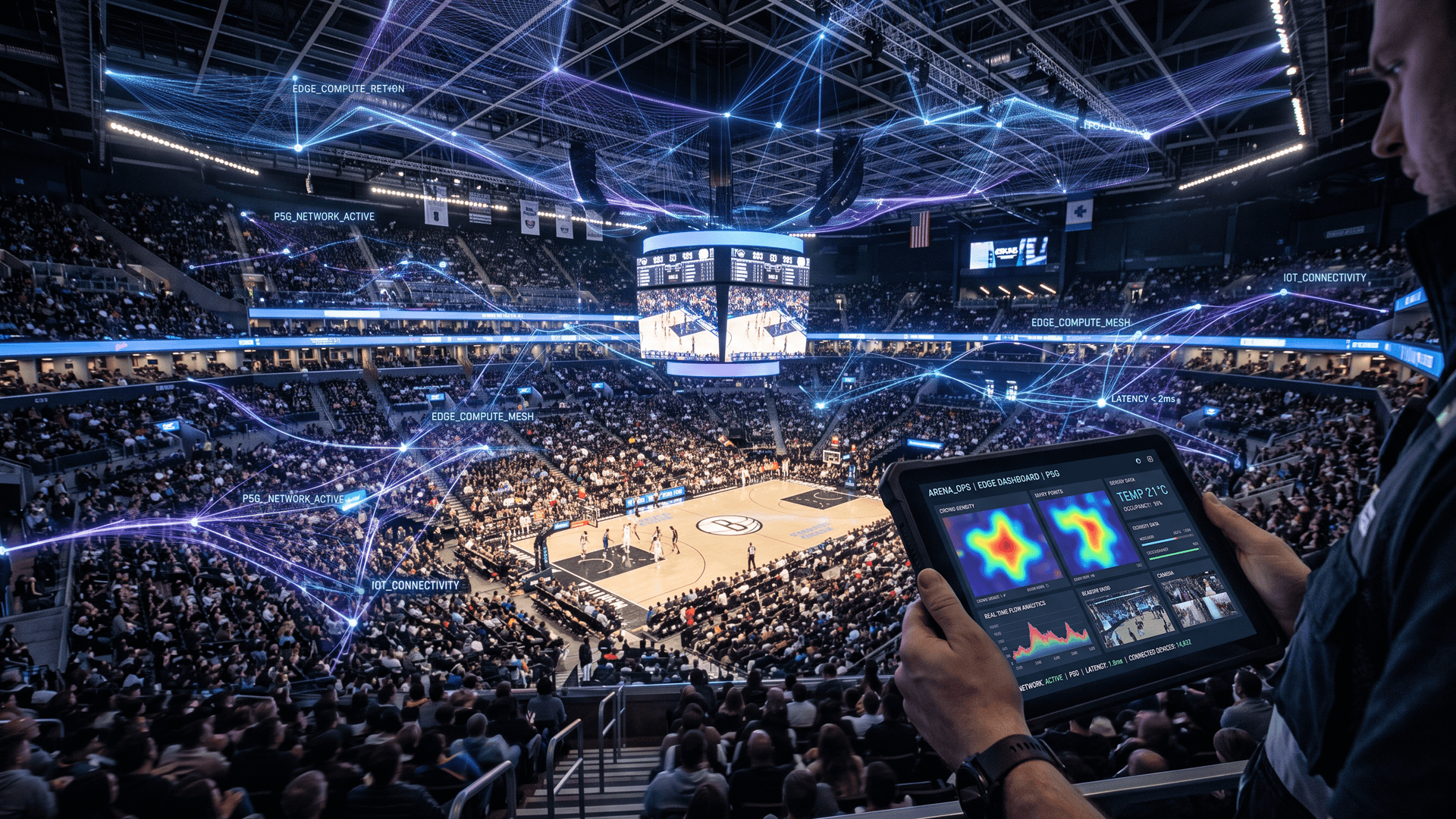 Arena conectada com rede 5G privada e computação de borda: operador acompanha em tablet densidade de público, latência abaixo de 2 ms e sensores em tempo real