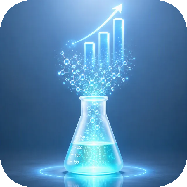 Frasco de laboratório de onde emergem moléculas que se transformam em um gráfico de crescimento