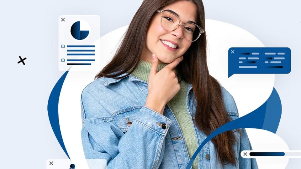 Jovem empreendedora sorrindo entre gráficos e mensagens