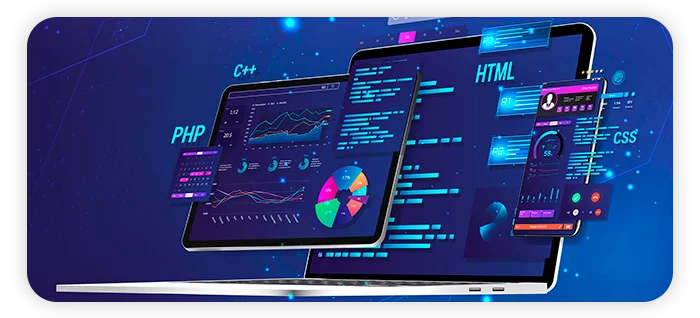 Painéis de dados e código em telas de notebook, tablet e celular