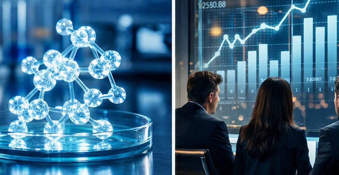 Molécula luminosa em laboratório ao lado de executivos diante de um gráfico de crescimento