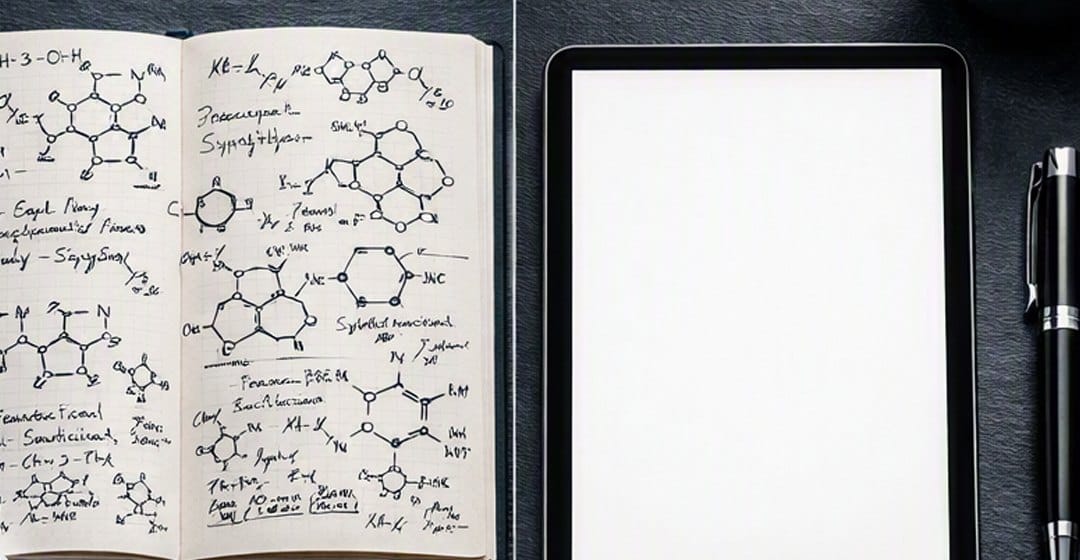 Caderno com fórmulas químicas ao lado de um tablet em branco
