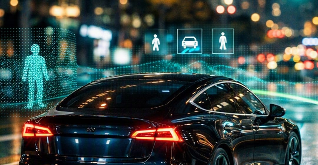 Carro autônomo em avenida noturna com sensores detectando pedestres