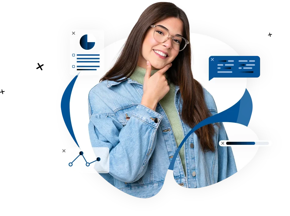 Young entrepreneur smiling, surrounded by charts and messages